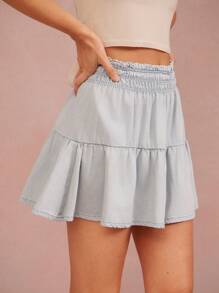 WESTFADE Western Cowgirl Ruffle Smocked Waist Tiered A Line Mini Skirt Summer Vacation - Light Wash - View 3