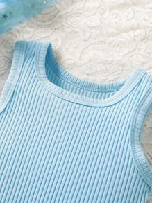 SHEIN Conjunto elegante de blusa con bajo asimétrico y minifalda decorada con moño para bebé niña. Conjunto de ropa delgada de verano para bebé niña - Azul - Ver 5