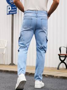 Manfinity Homme Men's Light Wash Denim Cargo Jeans: Zipper Detail Long Length Modern Style - Light Wash - View 2