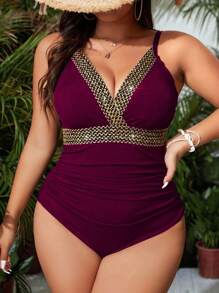 Swim Lushoire Plus Size Women One-Piece V-Neck Solid Color One-Piece Swimsuit, Fashionable Vacation Beachwear For Summer - Red Violet - View 3