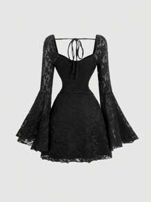 SHEIN MOD Vrouwen Zwarte Kant Jacquard Flare Mouw Korte Breijurk, Nieuwjaars Vrouwenjurk