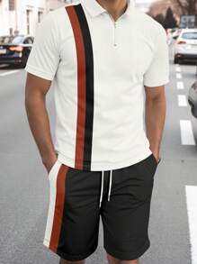 Manfinity Homme Bărbați 2buc/Set Tricou polo și pantaloni scurți în talie cu șnur de culoare contrastantă