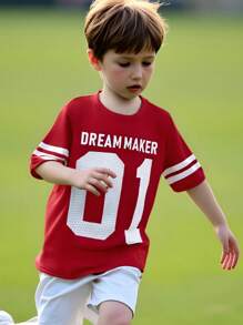 SHEIN Boys' Casual Sports Letter Printed Round Neck Short Sleeve T-Shirt, Suitable For Daily Leisure & Sports Wear - Red - View 1