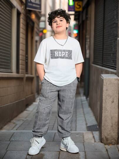 SHEIN Tween Boys Plus Size Letter Print Short Sleeve T-Shirt & Plaid Long Pants 2-Piece Set