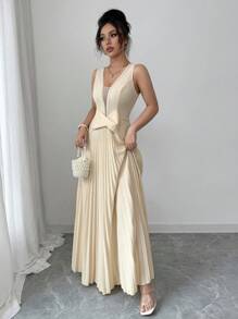 Elenzga Đầm nữ dáng chữ A không tay cổ chữ V, eo nhún, đính ngọc trai, xếp ly, nơ thanh lịch, lãng mạn - Màu be - Xem 7
