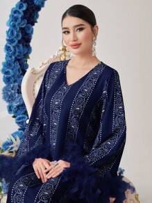Al Najma Women's Pattern Patchwork Fluffy Cuff Loose Arabic Style Dress - Navy Blue - View 6