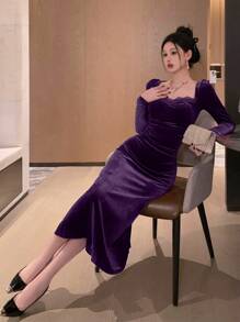 DAZY Đầm tay bồng phối ren cổ tim cho nữ, trang trọng, thanh lịch cho mùa thu đông trở lại trường - Màu tím - Xem 3