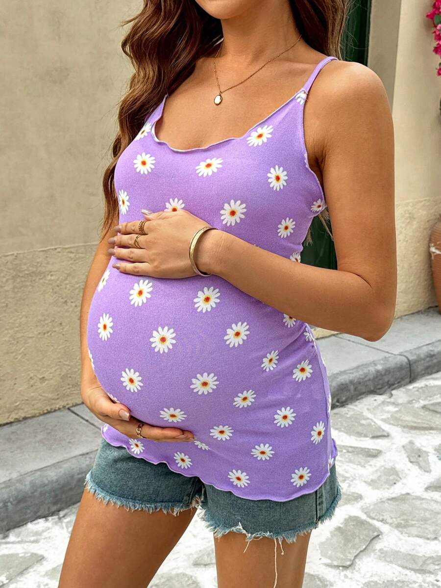 SHEIN Maternity Floral Pattern Lettuce Trim Backless Fitted Cami Spring Women's Clothing - Purple - View 1