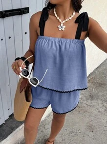 Breezaya Set de 2 piezas de talla grande con camisa de tirantes con volantes y shorts para vacaciones - Neblina azul - Ver 3
