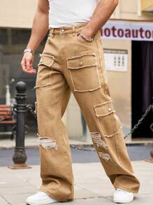 Manfinity Homme Men's Solid Color Straight Ripped Cargo Jeans, Suitable For Everyday Wear - Khaki - View 5