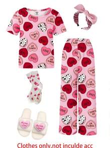 Set de 2 pièces de pyjama pour adolescentes, tenue décontractée confortable avec imprimé cœurs sur tout le Top à col rond à manches courtes et pantalon long