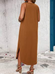 EMERY ROSE Plus Size Casual Ribbon Patchwork Sleeveless Dress - Mocha Brown - View 2