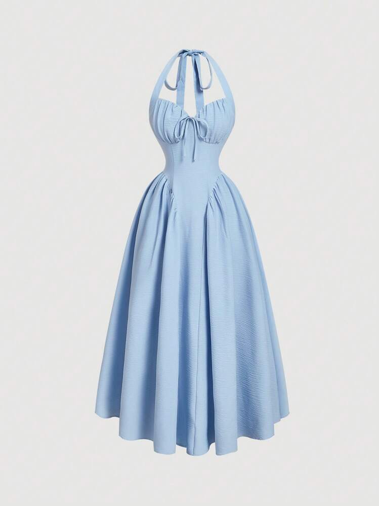 SHEIN MOD Robe balançoire à encolure ras-du-cou et nœud plissé pour femmes, tenue de fête bleu clair, tenue du Nouvel An, robe de bal masqué, tenue d'anniversaire pour femmes, robe bleu clair sexy, robe avec nœud, robe de princesse pour le Nouvel An