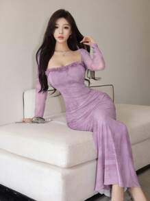 Modelyn Women's Mesh Contrast Lace Trim Fitted Elegant Sexy Dress - Purple - View 3