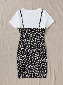 SHEIN Teen Girls White Knit Ribbed Splice Black Daisy Ditsy Floral Sleeveless 2 In 1 Dress, Suitable For Casual, Vacation And Outing