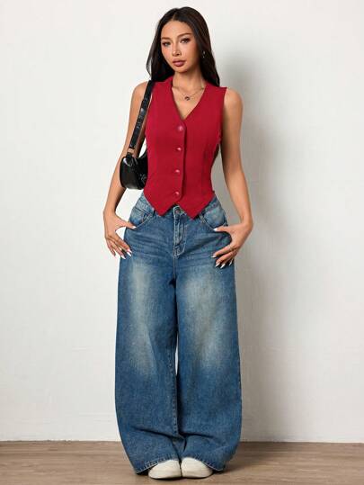 SHEIN Unity Solid Color V-Neck Knitted Fitted Women Vest In Fall/Winter