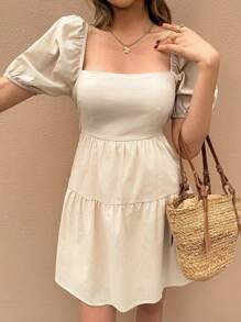 SHEIN Frenchy Vestido mini con mangas cortas abombadas, cuello cuadrado hueco anudado y unicolor para mujeres