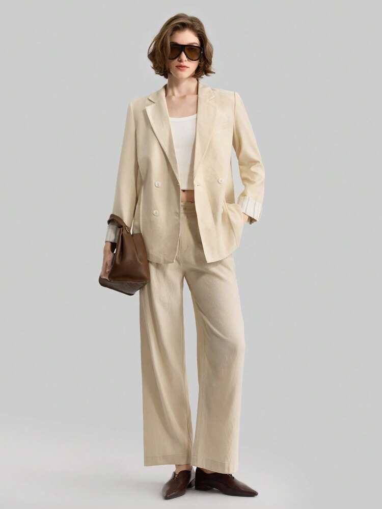 Women's Casual Blazer With Double-Breasted Pockets And Folding Sleeve Contrast, Apricot Color Office For Women