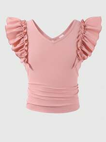 SHEIN Top informal para niñas con diseño de cuello en V, mangas acampanadas, espalda descubierta y lazo desmontable en color liso, adecuada para salidas diarias