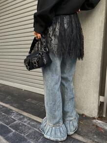 FRIFUL Women Lace Trim Minimalist A-Line Skirt, Casual For Daily Wear Y2k - Black - View 5