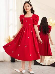 Tween Girls 优雅珍珠串珠方领羊腿袖荷叶边下摆纯色缎面派对礼服，适合婚礼、生日、派对