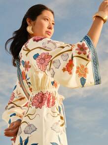 CAJUNI Women's Boho Tropical Colorful Print, Holiday Casual Lantern Sleeve Long Sleeve V-Neck Backless Long Dress