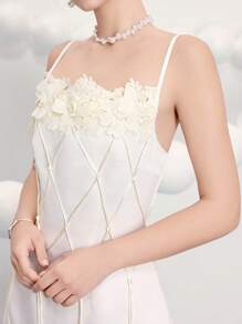 Poshira 女士纯色 3D 贴花流苏露背细肩带派对晚会迷你连衣裙、派对婚纱、派对礼服、婚礼活动宾客礼服、正式舞会礼服 - 杏色 - 查看 4