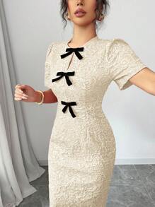 Elenzga Jacquard Bow Front Split Back Fitted Dress - Khaki - View 6