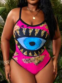 SHEIN Slayr CURVE Plus Size Women's One Piece Magical Eye Print Pattern Spaghetti Strap Casual Vacation Beach Swimsuit - Hot Pink - View 7