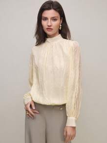 BizChic Damen Unifarbene Bluse mit Stehkragen und Langarm, minimalistisch & modisch für den Sommer - Aprikosenfarben - Übersicht 2