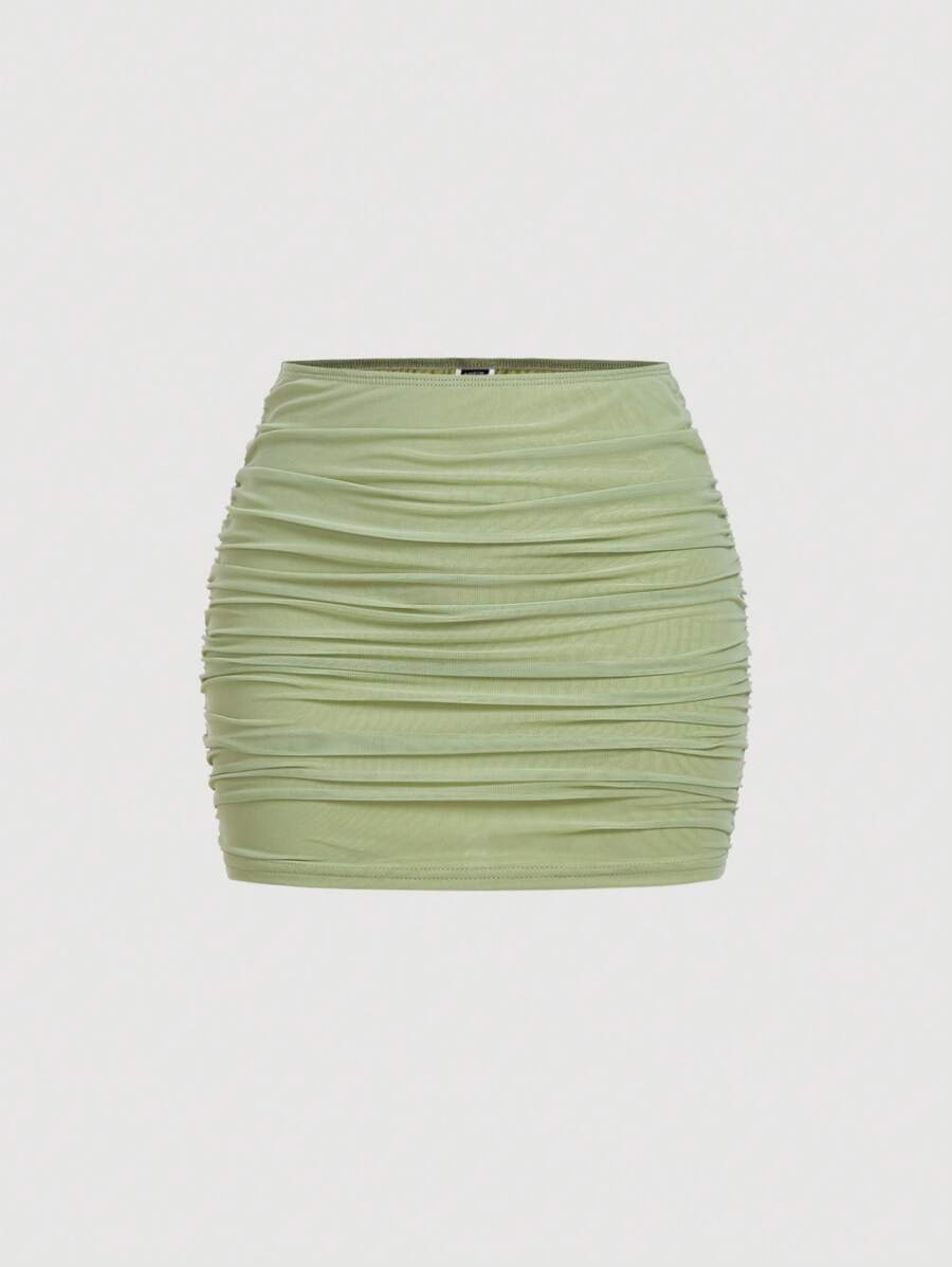 SHEIN MOD 透明双层透视紧身绿色迷你裙，夏季简约时尚