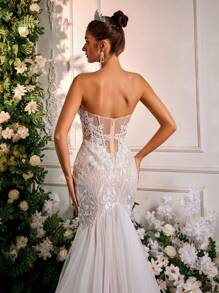 Glamrae Elegante, lujoso y romántico vestido de cola de sirena con parches de tul, detalles florales en 3D, aplicaciones de lentejuelas y encaje sin tirantes, adecuado para ceremonia de boda, vestido de novia