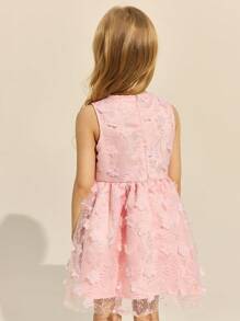 SHEIN 年轻女孩优雅无袖粉色网眼亮片装饰圆领连衣裙，春夏 - 粉色 - 查看 2