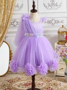 SHEIN Leap Crew Girls Elegant Mesh Cap Sleeve Floral Decorated Mesh Dress - Mauve Purple - View 1