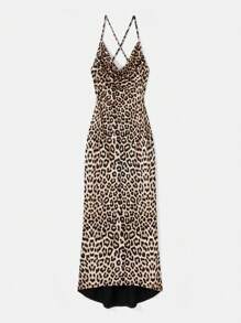 Maija Vestido de mujer con diseño de escote profundo, espalda cruzada ajustable y estampado de leopardo en la parte delantera y trasera, elegante y versátil, apropiado para principios de primavera y primavera