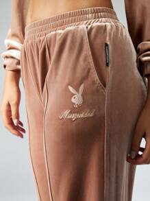 Missguided x Playboy X Velvet Rhinestone Sweatpants Joggers Loungewear Athletic Pants Soft Plush Cozy Fall Winter Tracksuit Bottoms Athleisure Workout