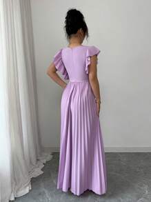 Elenzga 女士优雅浪漫荷叶边修腰泡泡袖 A 字裙 - 淡紫色 - 查看 2