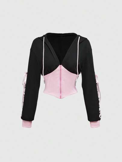 Grunge Punk Y2K Subculture Vintage Cropped Color-Block Hoodie Sweatshirt For Women