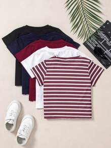 SHEIN Bộ 5 áo thun tay ngắn họa tiết sọc tương phản + màu trơn thường ngày cho bé trai, phù hợp mặc đi biển ngày lễ, mùa hè - Màu Đỏ Sâu - Xem 2