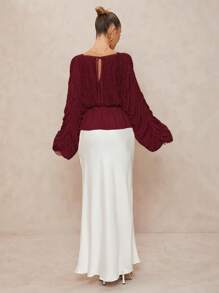 Lumalex Deep V-Neck Loose Blouse With Oversized Ruffle Sleeves And Flared Hem For Women - Burgundy - View 2