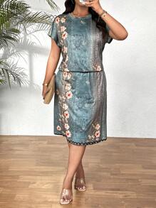 EMERY ROSE Conjunto de 2 piezas de blusa de manga corta y falda con estampado retro para tallas grandes