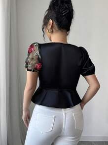 SHEIN PETITE 大码女式编织小V领撞色网眼优雅夏季衬衫 - 黑色 - 查看 2