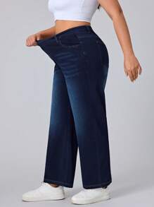 Flexra Plus Size Casual Stretchy Knit Simple High Waist Stitching Pocket Crisscross Button Asymmetrical Straight Leg Jeans - Blue - View 5