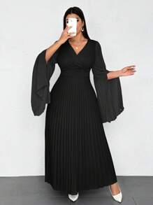 SHEIN Unity 大码女式优雅浪漫 V 领褶皱开衩长袖连衣裙超长女装