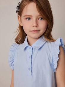 PrepCrw 年轻女孩学院风天蓝色编织荷叶边马球领 A 字裙，春夏 - 藍色 - 查看 6