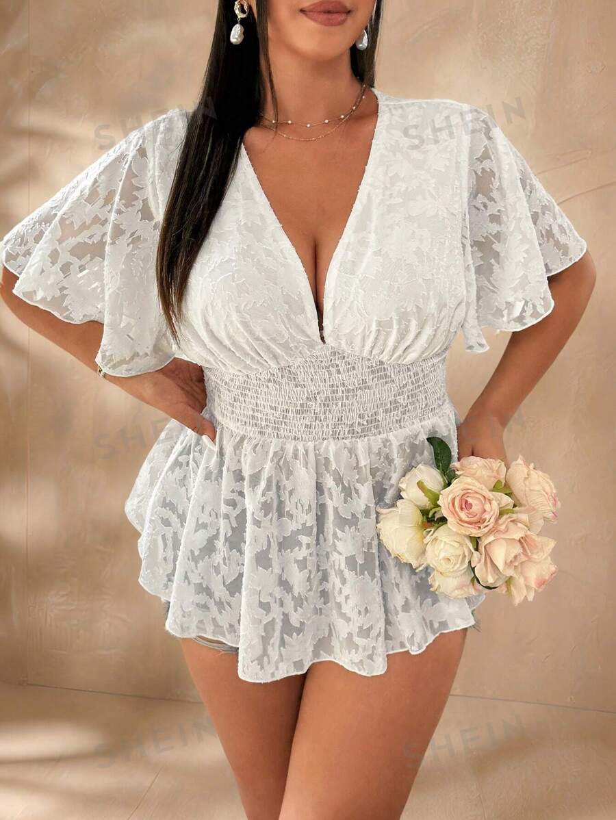 Flirla Blusa elegante de gasa blanca con mangas con volantes y escote calado para mujer de talla grande, ideal para vacaciones