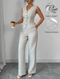 Selianne Conjunto de traje elegante informal para mujeres con chaleco sin mangas de cuello en V con cintura ceñida y pantalón recto de color liso