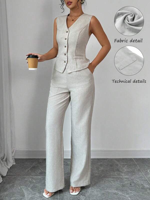Elenzga Conjunto de traje elegante informal para mujeres con chaleco sin mangas de cuello en V con cintura ceñida y pantalón recto de color liso
