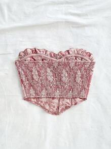 Soleia 女士度假纹理提花露肩短款上衣，荷叶边下摆，合身廓形，适合派对、约会、情人节、下午茶 - 粉色 - 查看 2