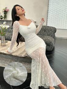 Modelyn Sukienka damska z długim rękawem i wzorem kwiatowym 3D z syrenką, elegancka - Biały - Zobacz 1